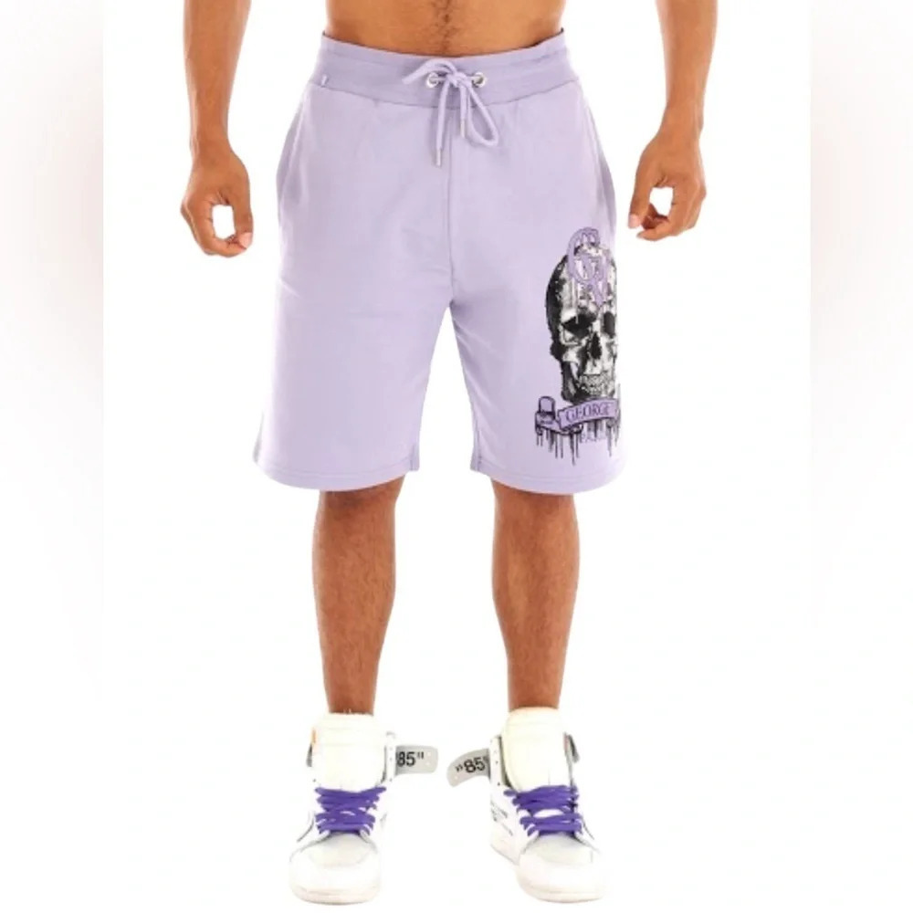 Avenue George V Paris Mens Drawstring Shorts Lila Rhinestone Skull Size 3XL - Picture 2 of 11